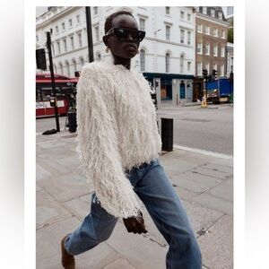 Zara feather fringe metallic thread jacket Cream